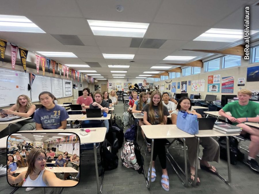 Senior Olivia Haas takes a quick selfie with her English class (left inset), while the larger picture captures the moment as a whole. 