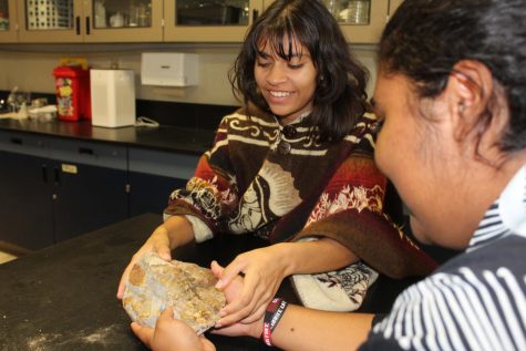 Sophomores Sasha Silva and Lisha Bryant explore a rock’s many layers with one of the many interactive displays. 