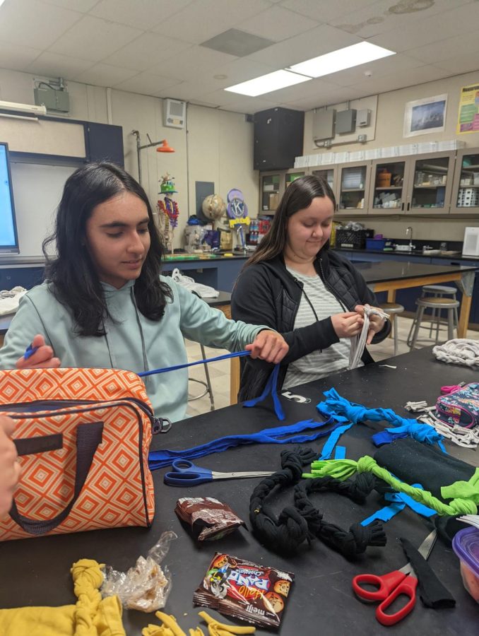 Juniors Sarina Khara and Priscilla Carrillo making dog toys out of old t-shirts for a Key Club service project.