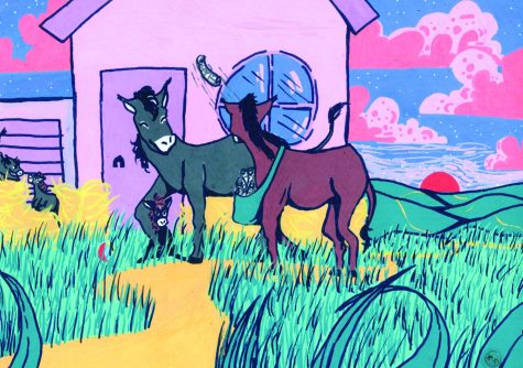 Lisha Bryant’s brightly realized version of “a burro delivering newspapers on a bicycle.” How do you think it compares to the AI generated art in the next slide?
