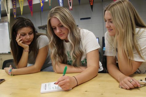 (From left) El Burro editors Olivia Haas, Emily Svika, and Payton Balas are intently planning the upcoming Yearbook Extravaganza.