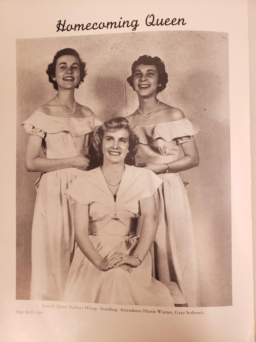1949-1950 Burroughs Homecoming Court. (From left to right) Hattie Warner, Barbara Milsap, and Gaye Seabrook. 