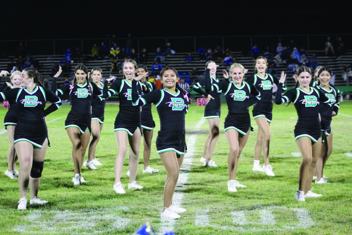 Cheerleaders rally the Burroughs football fans at the team’s Sept.15 game.