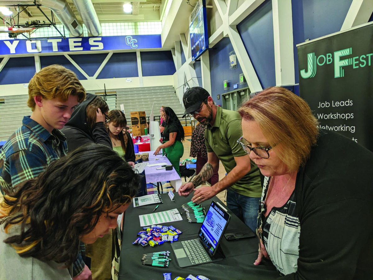 Senior Cayden Houck and  junior Lilliana Pacheco learn more about how Job Fest can help them find a job.