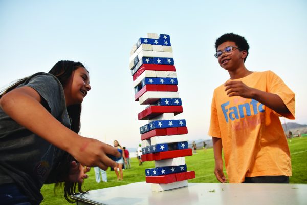 Junior Jaelynn Seals faces off against freshman Trey Taplin in a suspenseful game of Jenga.