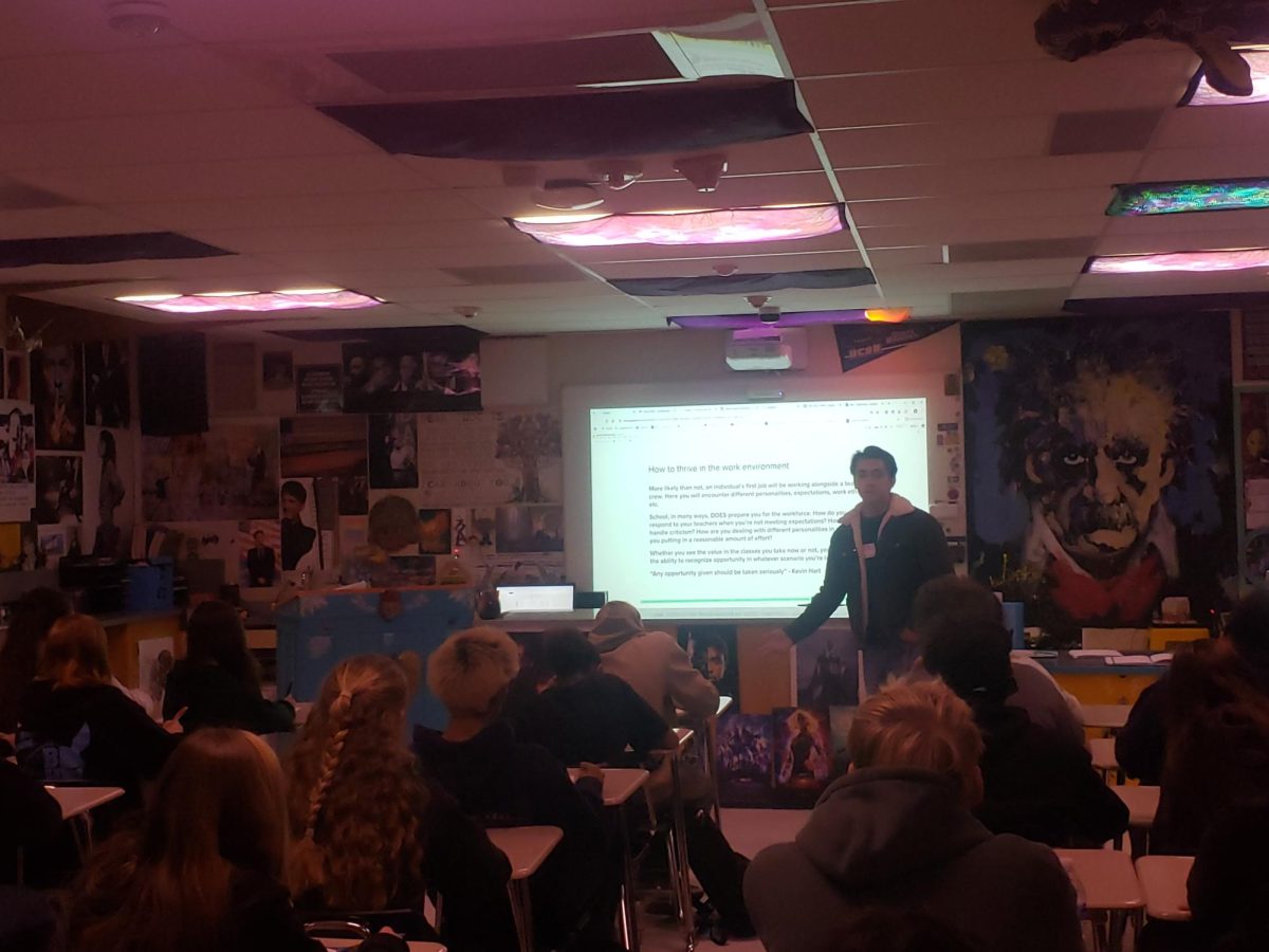 Brandon Temple speaks to Ms. Kratz's 4th period sophomore English class