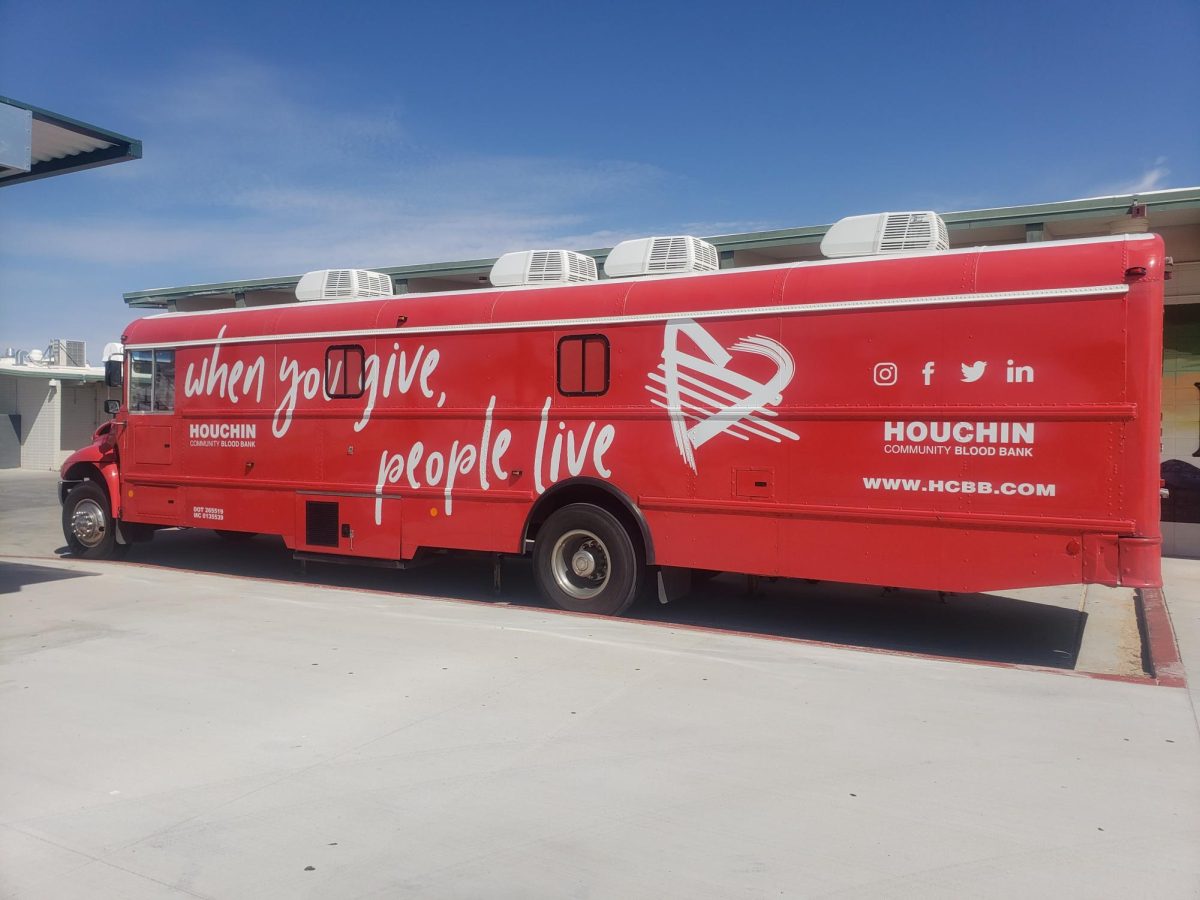 The Houchin Blood Bank bus parked outside the cafeteria