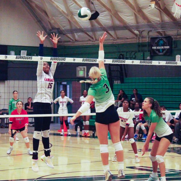 Here comes the BOOM! Senior outside hitter Kyla Chilbes goes in for a kill against Lancaster in their Aug. 26 match up. Chilbes, averaging 4 kills per set, scored 13 kills this game. The Burros teams swept the Eagles, with varsity winning 25-18, 25-7, and 25-11. 