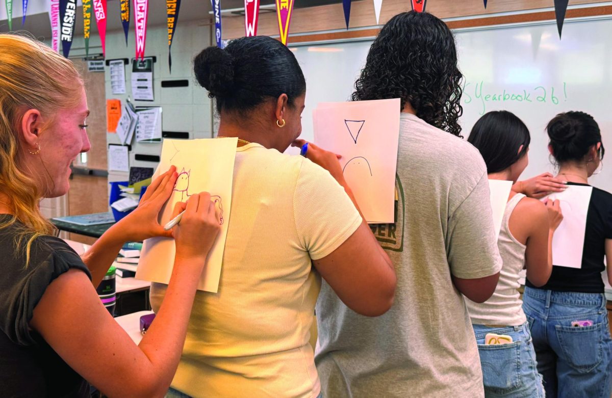 Yearbook Editor Paige Dunn (left), Business Manager Nisha Wallace, Photography Manager Lucas Campbell Goolsby, Social Media Manager Siona Otillio, and Design Editor Jayden Nevarez learn the importance of clear communication during a team-building activity. 