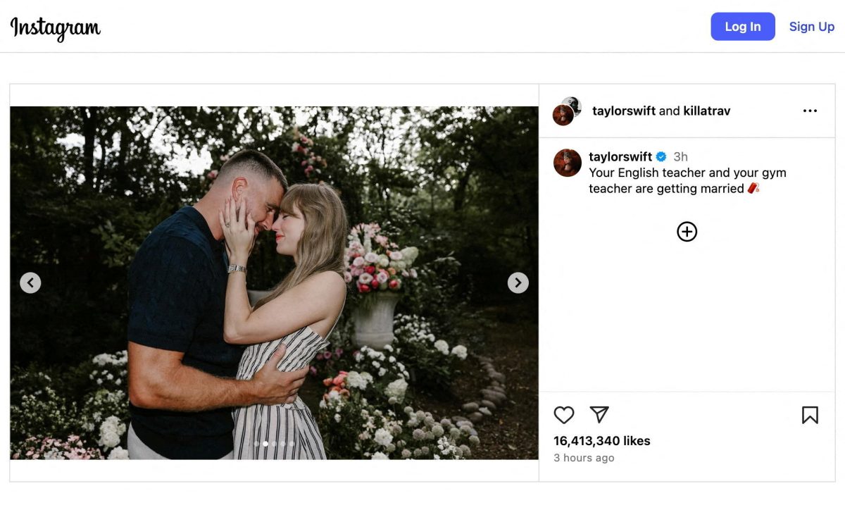 An Instagram post reading "Your English teacher and your gym teacher are getting married," along with a photo showing National Football League player Travis Kelce proposing to singer Taylor Swift, in this screenshot taken from a social media post, August 26, 2025. Taylor Swift via Instagram/via REUTERS
