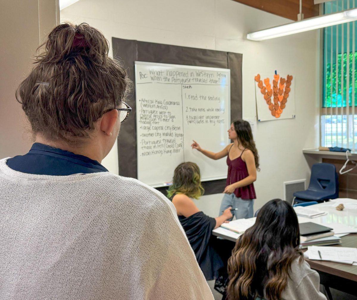 AVID 10 Teacher Kellyanne Godinez looks on as sophomore Audrina Valencia works through her point of confusion during tutorials with her peers.